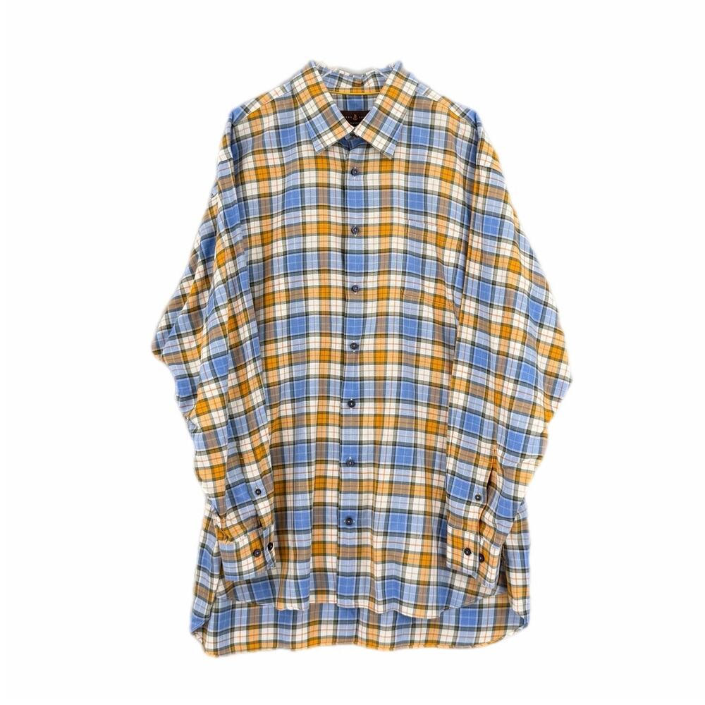 Robert Talbott Men's XXL Blue Gold Plaid Button Down Cotton Workwear Dad Shirt